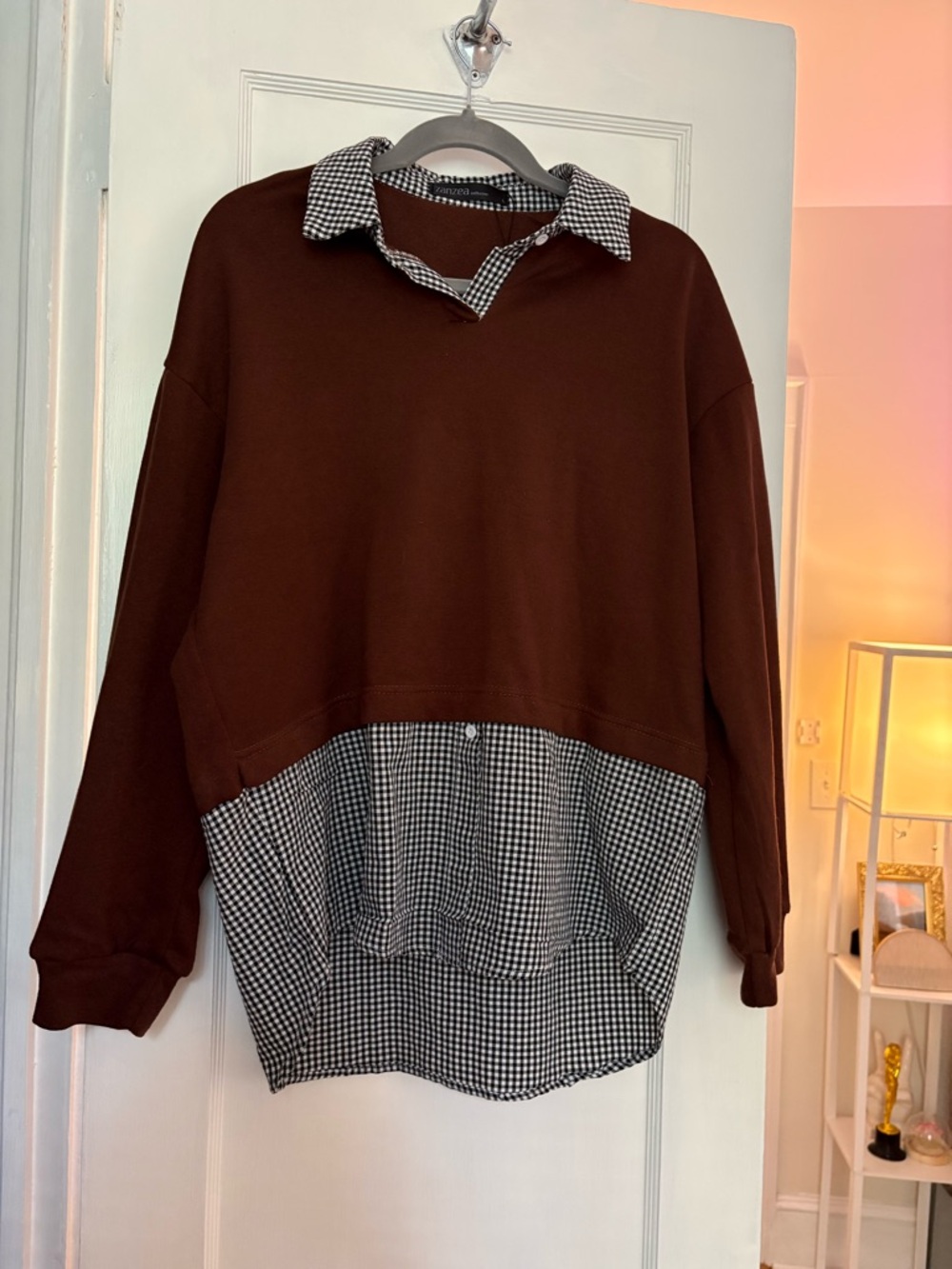 Zanzea Brown Layered Pullover with Black & White Gingham Shirt Detail